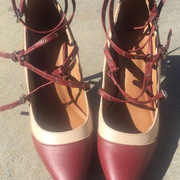 Charlotte Russe Shoes - Burgundy and beige strap up wrap heels